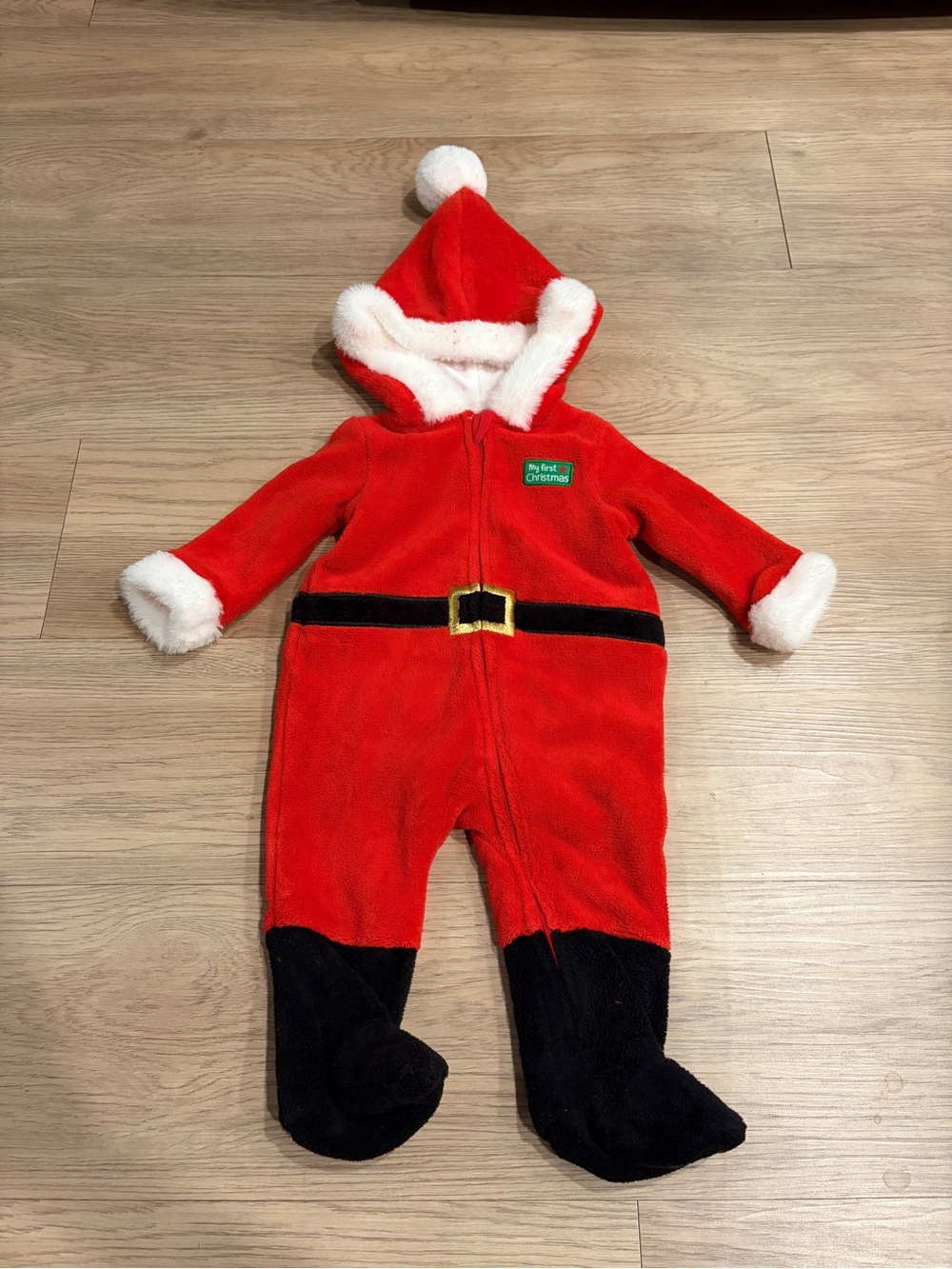 Baby Santa Hooded Fleece One-Piece Romper - Red & White